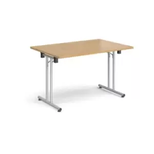 Image of Rectangular folding leg table with silver legs and straight foot rails 1200mm x 800mm - oak