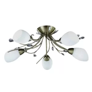 Image of Gardenia 5 Light Semi Flush Multi Arm Ceiling Light Antique Brass, Crystal and Opal Glass, E14