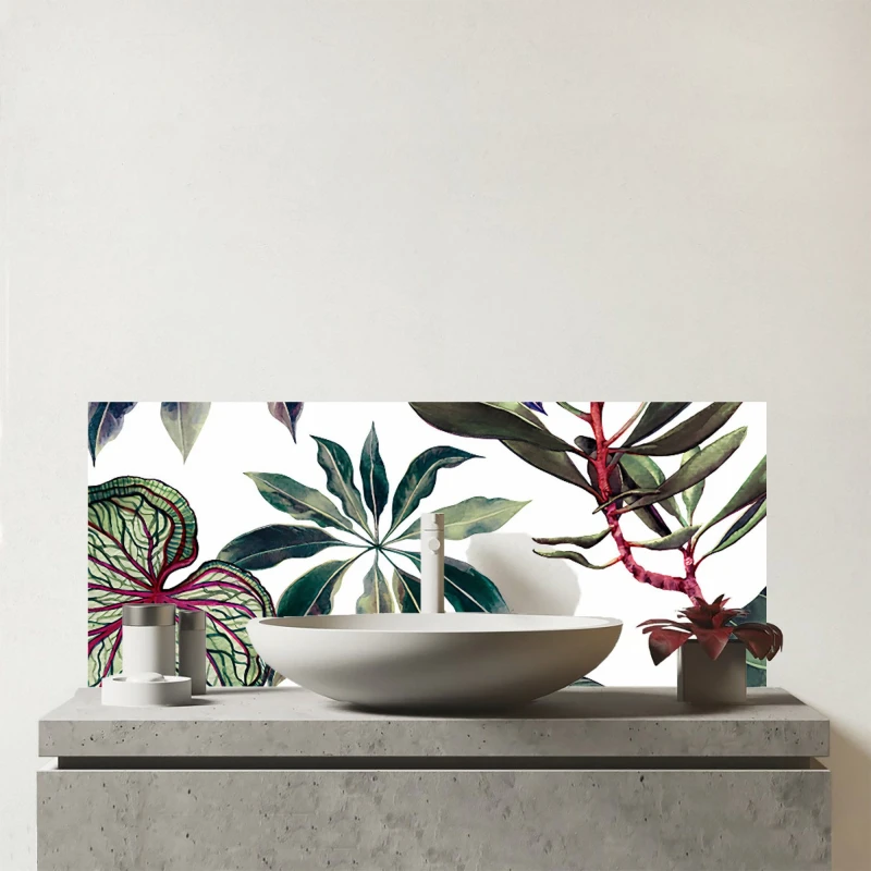 Image of Warren Reed - Designer Watercolor Tropical Leaf Glass Bathroom Splashback in Green Green Unisex