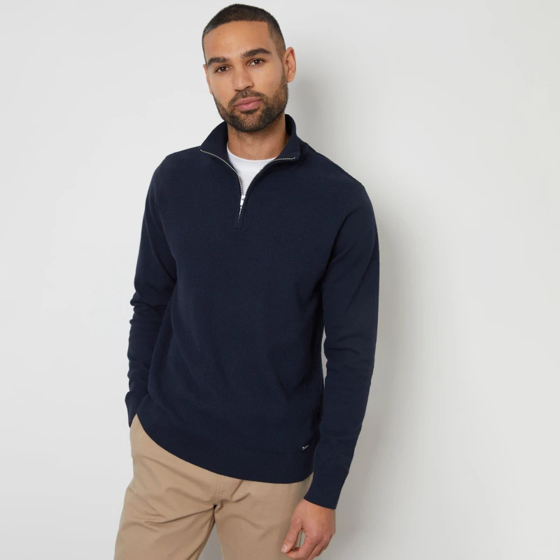 Image of Threadbare Basket Stitch Mock T-Shirt Quarter Zip Jumper Navy