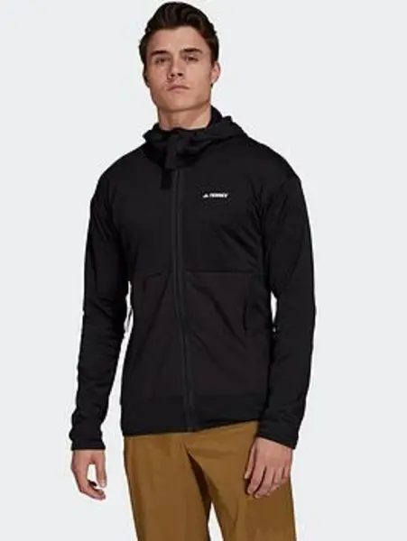Image of adidas Terrex Tech Flooce Light Hooded Hiking Jacket - Black, Multi Size XS Men Print UN7Q7 Male XS