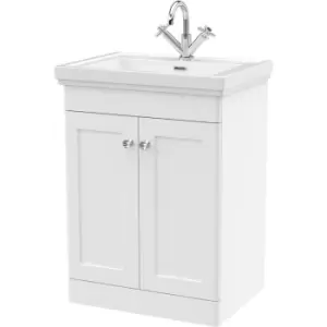 Image of Classique Floor Standing 2-Door Vanity Unit with Basin 600mm Wide Satin White - 1 Tap Hole - Nuie