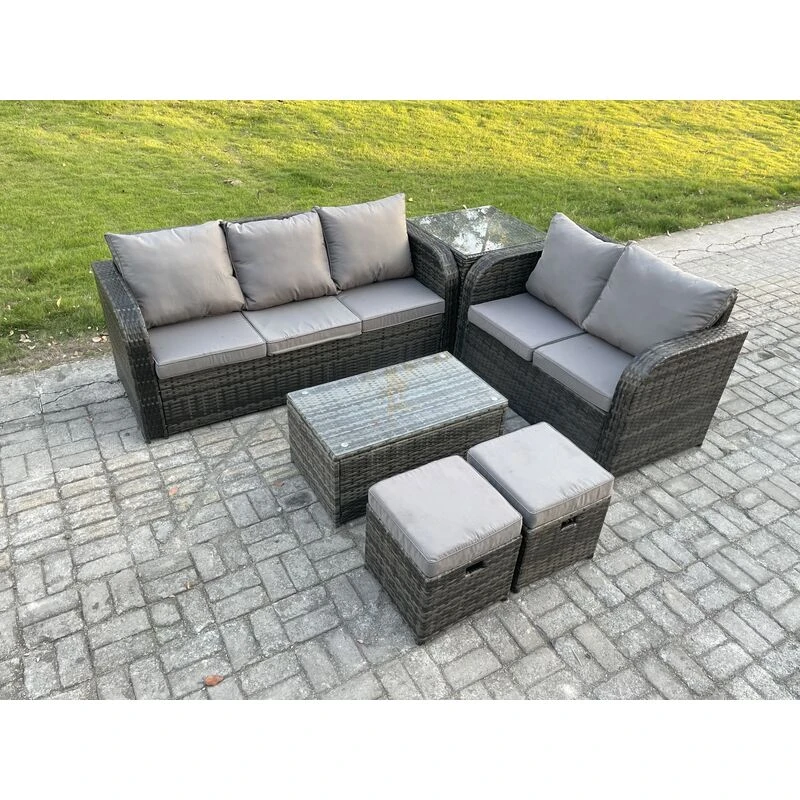 Image of Fimous 7 Seater Rattan Wicker Garden Furniture Patio Conservatory Sofa Set with Rectangular Coffee Table 3 Seater Sofa Love Sofa 2 Small Footstools Da