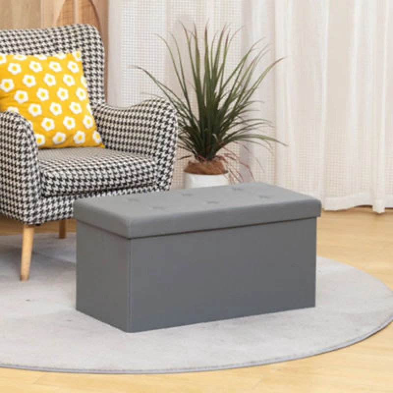Image of Homcom Storage Ottoman Bench, 89L Pu Leather Folding Foot Rest, Grey