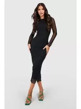 Image of Boohoo Mesh Long Sleeve Midaxi Dress - Black, Size 14, Women