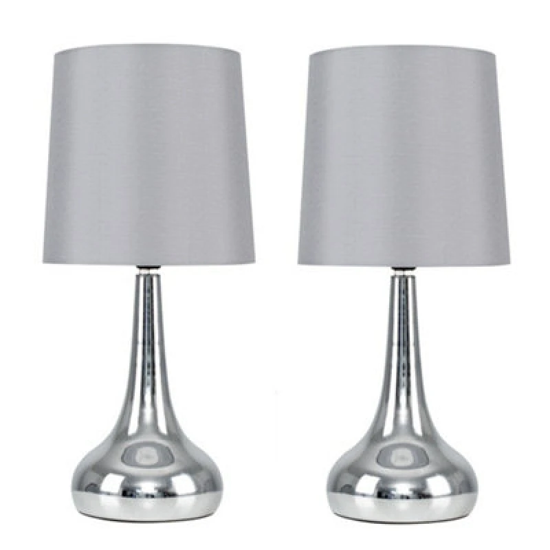 Image of ValueLights ValueLights Teardrop Pair Fabric Shades Brushed Chrome Touch Table Lamps and Bulbs in Grey Grey One Size Unisex 5016529014430