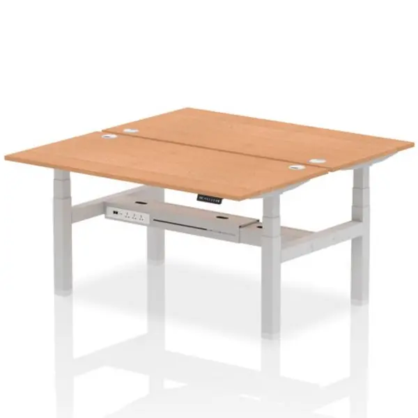 Image of Air Air Back-to-Back 1600 x 800mm Height Adjustable 2 Person Bench Desk Oak Top with Cable Ports Silver Frame HASCP2P16800OAKS