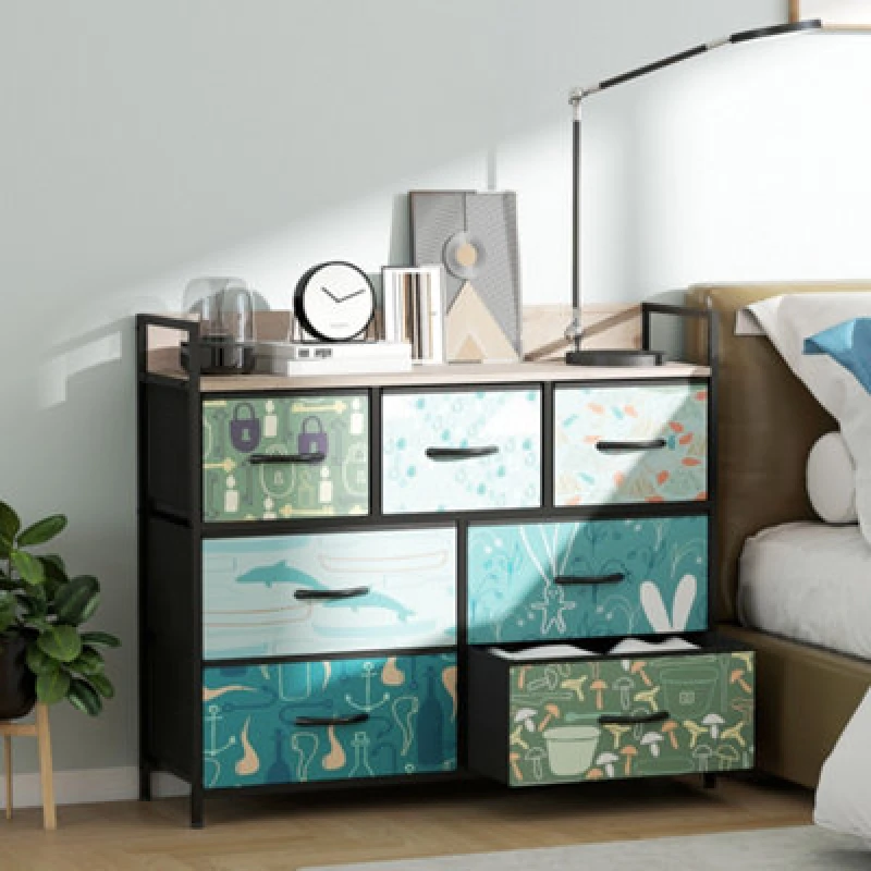 Image of HOMCOM 7-Drawer Chest of Drawers, Fabric Dresser with Open Shelf, Blue 83D-033V03BU