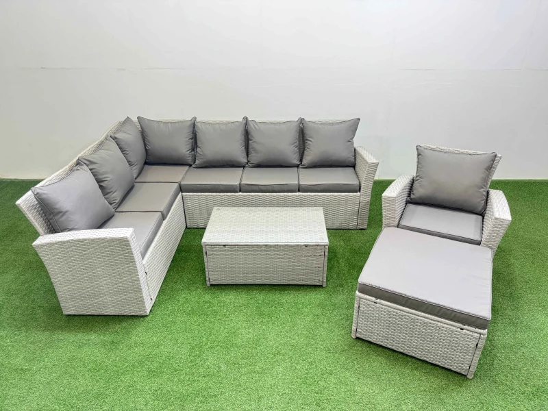 Image of Fimous 8 Seater Garden Outdoor PE Rattan Furniture Set with Big Stool in Light Grey Light Grey Unisex