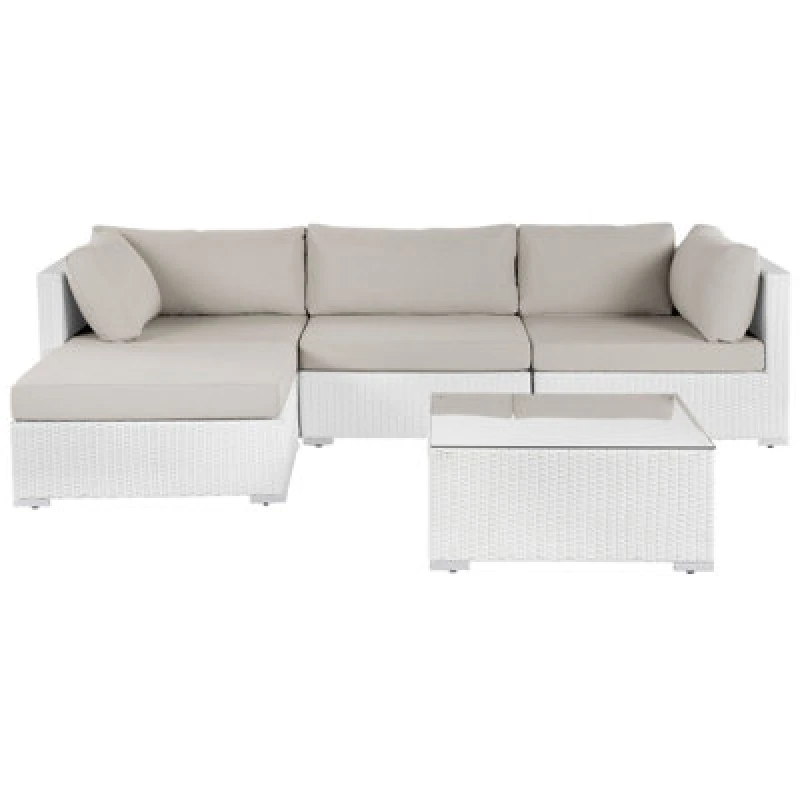 Image of Beliani Garden Corner Sofa With Table 4 Seater Sano Right Hand Modular Pe Rattan White