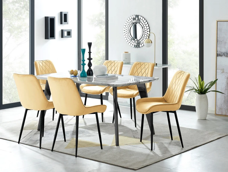 Image of FurnitureboxUK FurnitureboxUK Andria White Marble Effect & Black Leg 6 Seater Dining Table and 6 Pesaro Soft Velvet Chairs in Mustard Mustard One Size