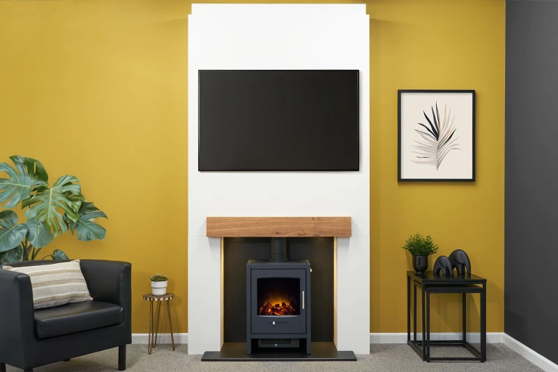 Image of Acantha Fires & Fireplaces Acantha Pre-Built Stove Media Wall 1 with Bergen Electric Stove in Charcoal Grey in White White Unisex