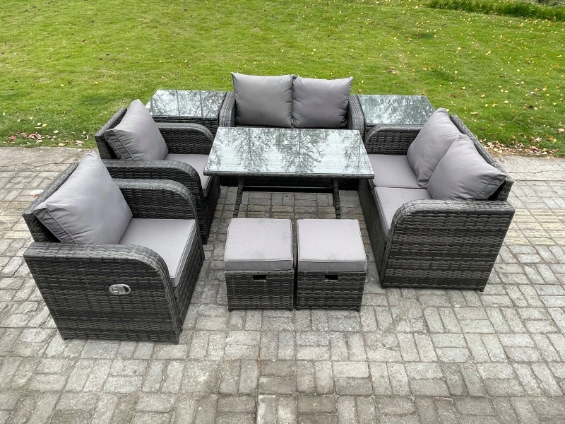 Image of Fimous 8 Seater Wicker PE Rattan Garden Dining Set Outdoor Furniture Sofa with Rectangular Dining Table 2 Small Footstools Dark Grey Mixed Dark Grey