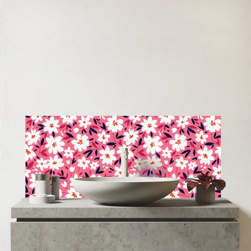 Image of Warren Reed - Designer Small Cute White Flower Pattern Glass Bathroom Splashback in Pink Pink Unisex