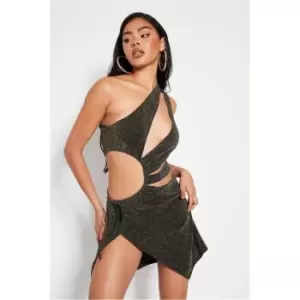 Image of I Saw It First Green Glitter One Shoulder Cut Out Split Hem Mini Dress - Green