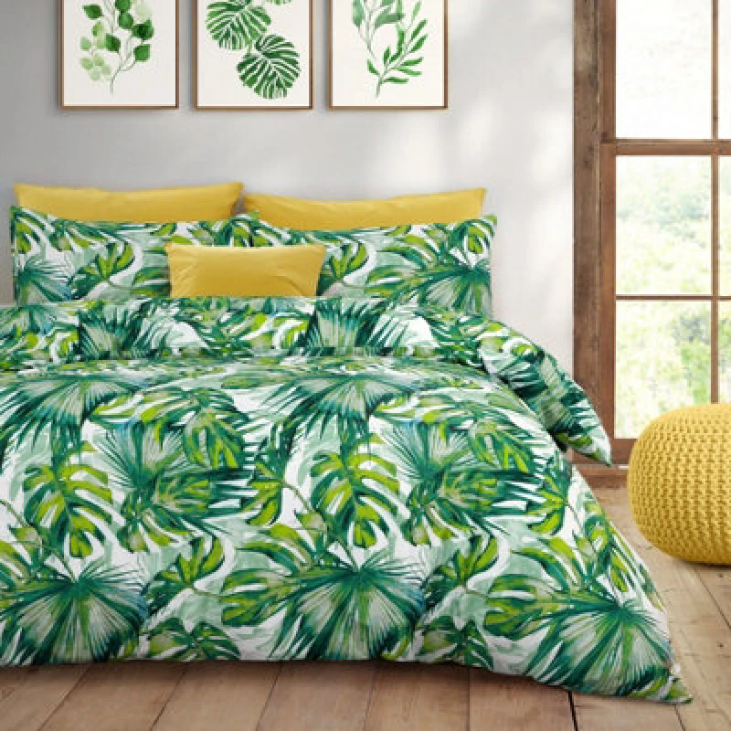 Image of Velosso Tropical Leaf Cotton Rich Printed Duvet Cover and Pillowcase Set Green