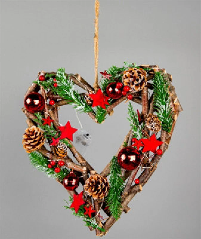 Image of Shatchi 30cm Prelit Heart Wreath Battery Operated - Wooden Twigs Base Decorated Red
