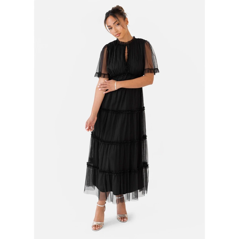 Image of Anaya with Love Womens Short Sleeve Frill Midaxi Dress in Black Size: 14 Black Female 14