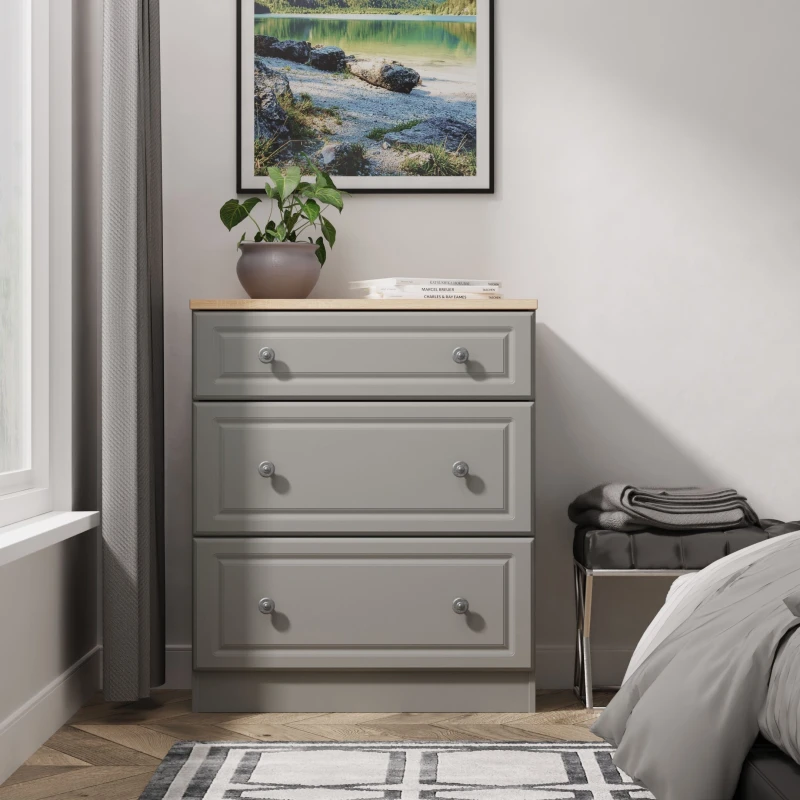 Image of Welcome Furniture Ready Assembled Norfolk 3 Drawer Deep Chest In Dusk Grey & Bardolino Oak, Grey NOR049DGBO