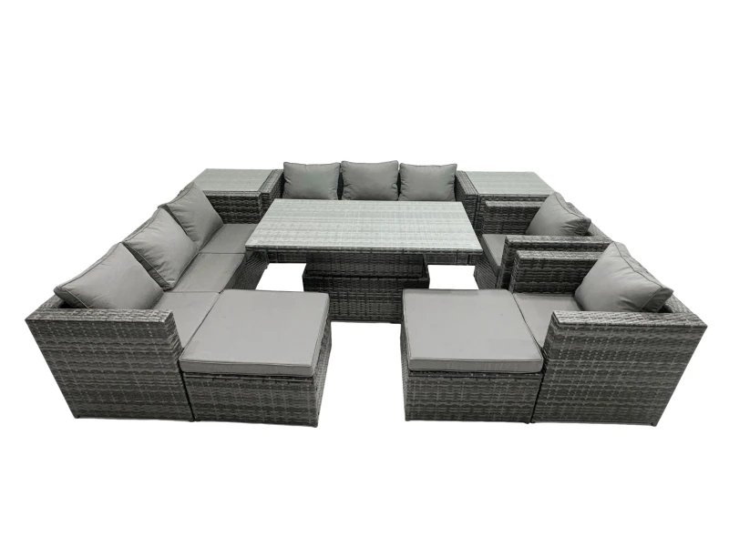 Image of Fimous Rattan Dining Table Sofa Set with 2 Side Tables Stools Outdoor 10 Seat in Dark Grey Dark Grey Unisex