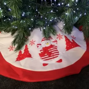 Image of 90cm Embroidered Snowman Winter Scene Fabric Christmas Tree Skirt in Red & White