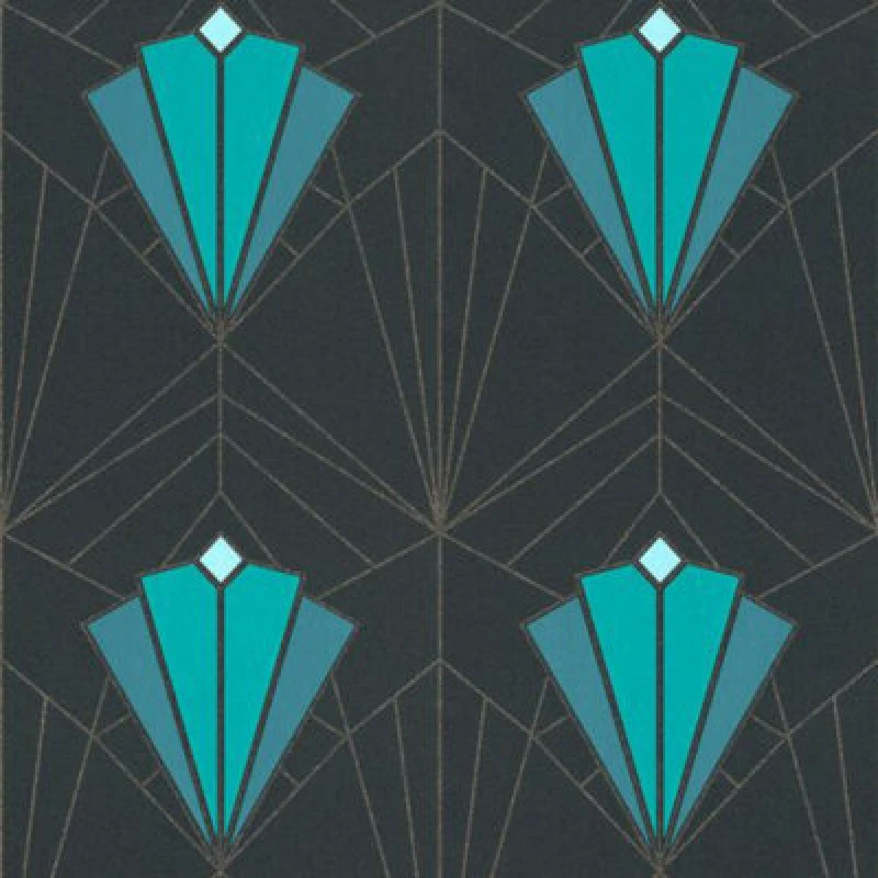 Image of Debona Isadora Art Deco Retro Glitter Textured Black Teal Gold Wallpaper 2493