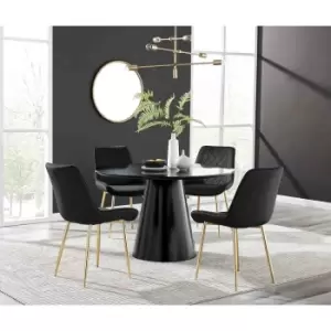 Image of Furniture Box Palma Black Semi Gloss Round Dining Table and 4 Black Pesaro Gold Leg Chairs