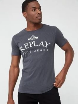 Image of Replay Blue Jeans Logo Slub Short Sleeve T-Shirt ; Black