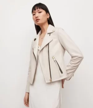 Image of AllSaints Womens Dalby Leather Biker Jacket, Cream, Size: 6
