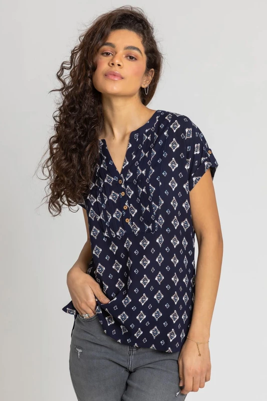 Image of Roman Womens Aztec Print Button V-Neck Detail Top in Navy Size: 18 Navy Female 18