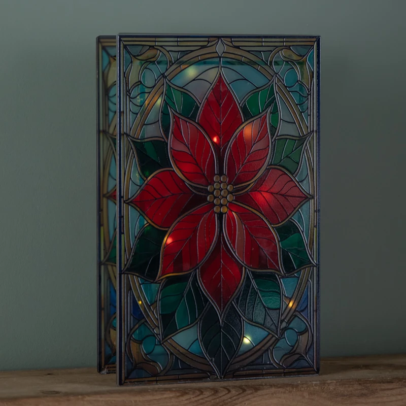 Image of 21cm Battery Operated Light up Double Sided Stained Glass Poinsettia Decoration with LEDs