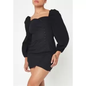 Image of Missguided Petite Button Balloon Sleeve Linen Look Mini Dress - Black