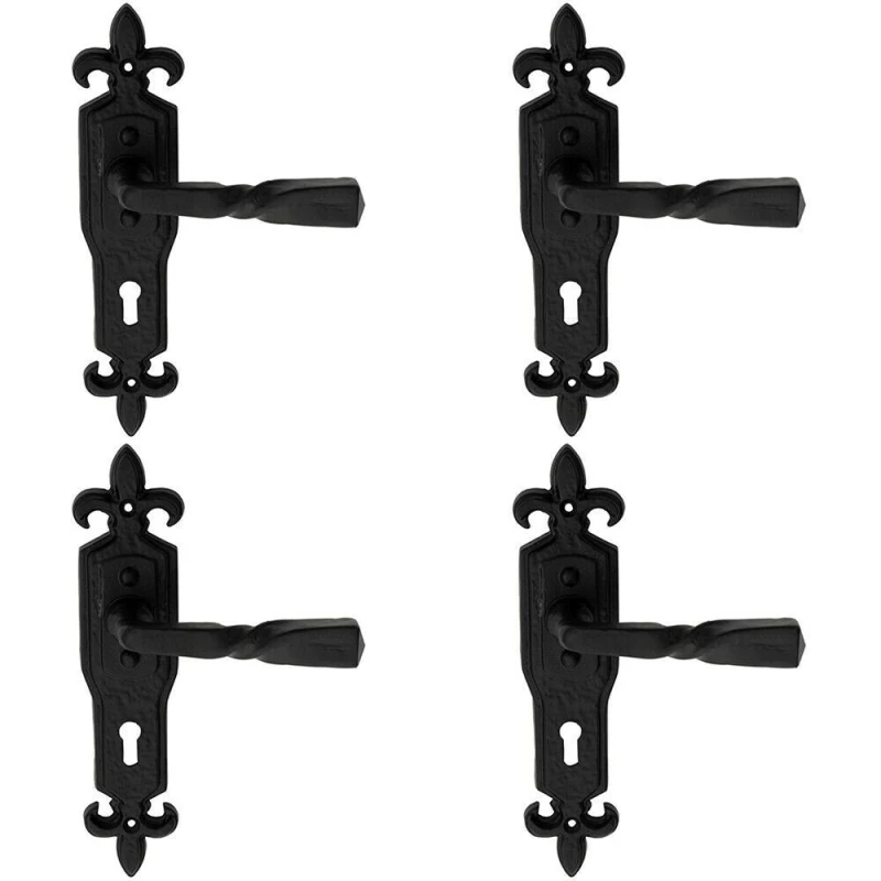 Image of Loops 4x PAIR Forged Twisted Ornate Lever on Lock Backplate 226 x 50mm Black Antique Black