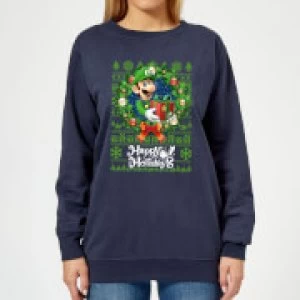 Image of Nintendo Super Mario Happy Holidays Luigi Womens Christmas Sweatshirt - Navy - M