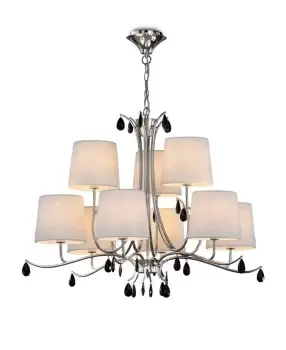 Image of Andrea Ceiling Pendant 88cm Round, 6+3 x E14 (Max 20W), Polished Chrome, White Shades, Black Crystal Droplets