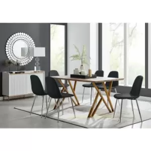 Image of Taranto Oak Effect Dining Table and 6 Black Corona Faux Leather Dining Chairs with Silver Legs Diamond Stitch - Black