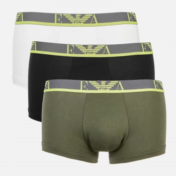 Image of Emporio Armani 3 Pack Eva Stretch Cotton Neon Waistband Trunks Black/White/Khaki Size S Men