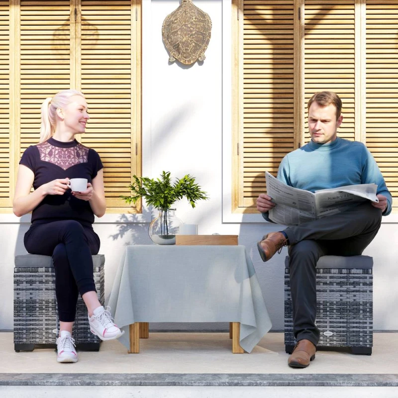 Image of Outsunny Set of 2 Rattan Footstool - Storage Ottoman w/ Cushions - Dark Grey TJ Hughes 5063603613225