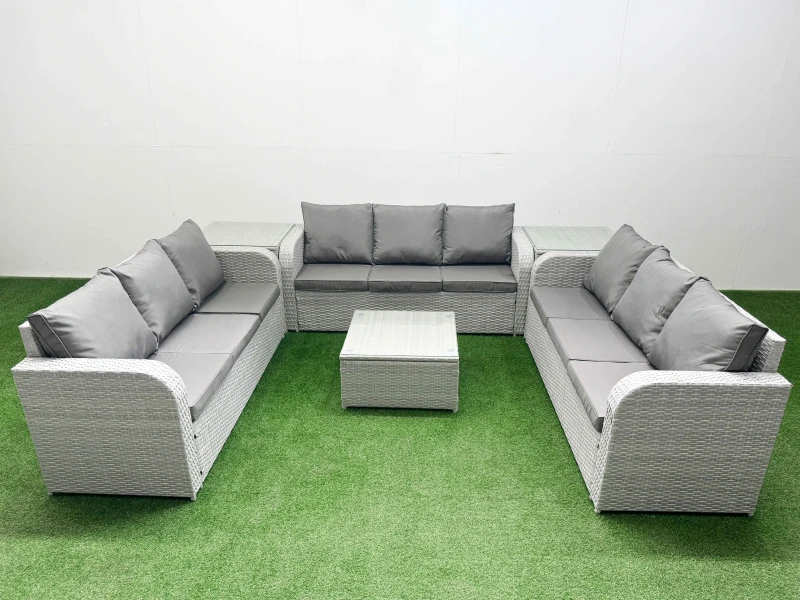 Image of Fimous PE Rattan Lounge Sofa Set 9 Seater Outdoor Garden Furniture Set with Square Coffee Table 3 Seater Sofa 2 Side Table Light Grey Light Grey