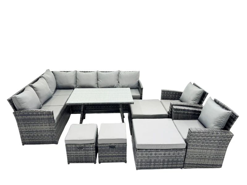 Image of Fimous 12 Seat Patio Oblong Dining Table Corner Sofa Set with 4 Stool 2 Chair in Dark Grey Dark Grey Unisex