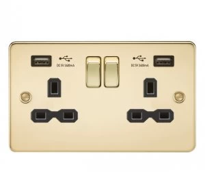 Image of 5 PACK - Flat plate 13A 2G switched socket with dual USB charger (2.4A) - polished brass with Black insert