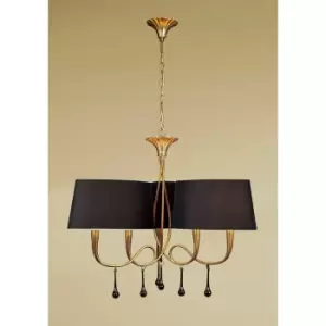 Image of Paola 3 Arm pendant light 6 E14 bulbs, painted gold with Black lampshades & droplet amber glass