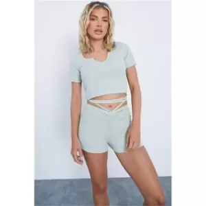 Image of I Saw It First Sage Rib Ruched Floss Strap Waist Shorts - Green