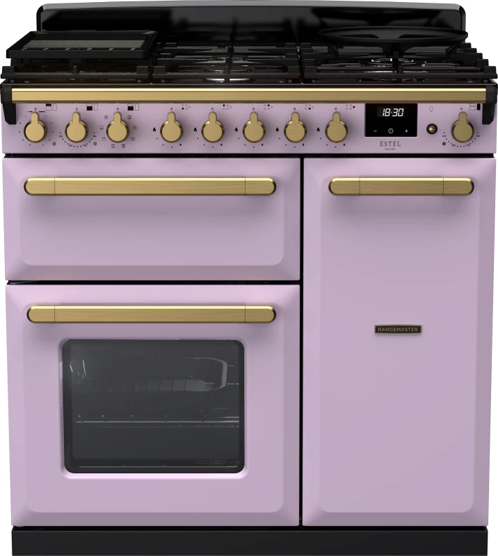 Image of Rangemaster Estel Deluxe ESDL90DFPHTH/AB1 90cm wide Dual Fuel Range Cooker with Gas Hob - Heather / Antique Brass - A/A Rated