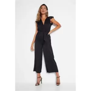 Image of I Saw It First Black Satin Frill Sleeve Plunge Tie Waist Coulotte Jumpsuit - Black