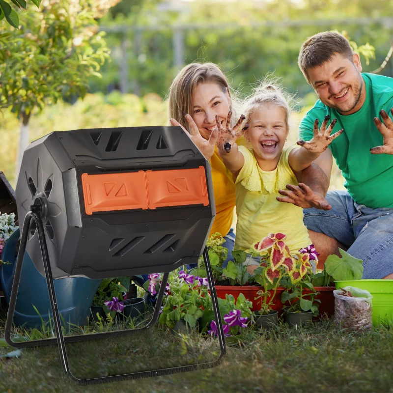 Image of Outsunny 160L Outdoor Tumbling Compost Bin with Dual Chamber - Orange TJ Hughes Yellow 5061025115136