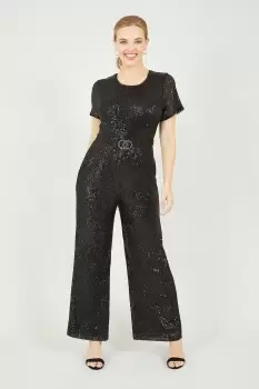 Image of Gold Sequin Jumpsuit with Buckle Detail Belt