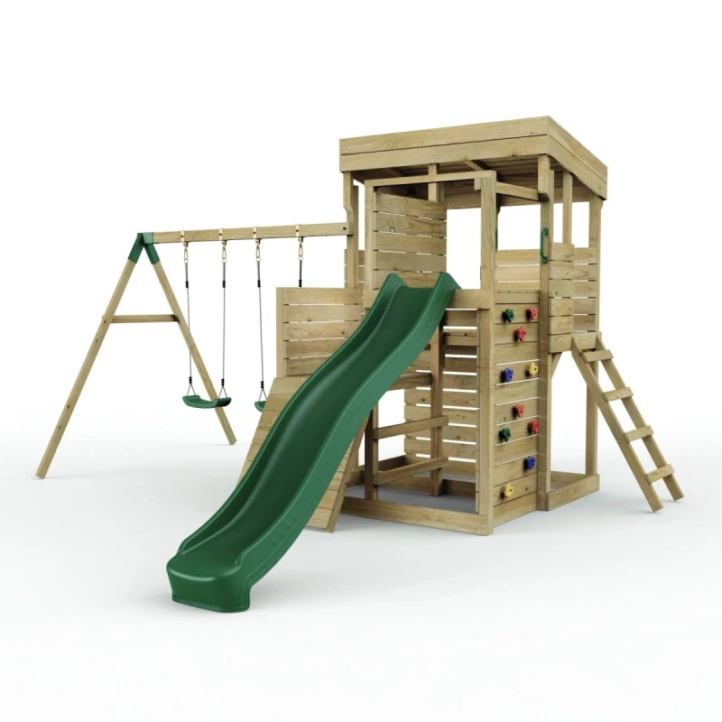 Image of OutdoorToys 2 Tier XL Lookout Tower Playhouse with Double Swing & Slide for Kids in Brown Brown Unisex