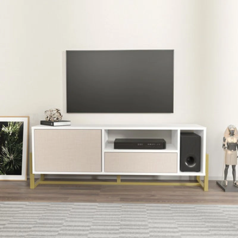 Image of Decorotika Utopia TV Stand TV Unit TV Cabinet With Shelves And One Cabinet White And Cottonbeige