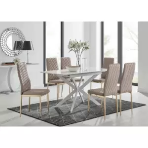 Image of Lira 120 Extending Dining Table and 6 Cappuccino Gold Leg Milan Chairs - Cappuccino